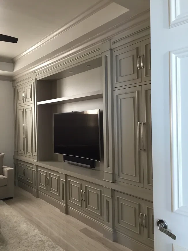 Custom built-in entertainment wall with paneled cabinetry
