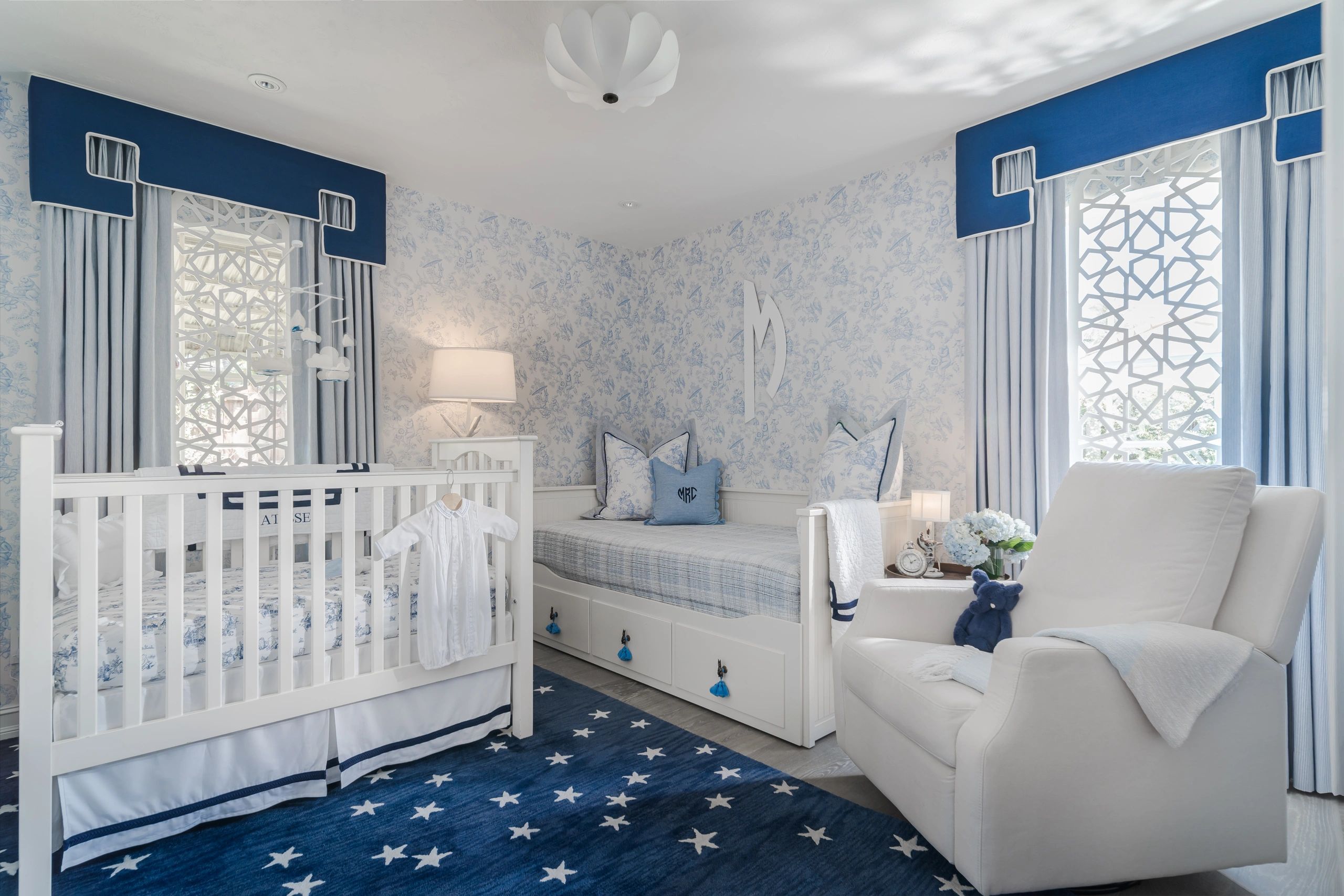 Blue-and-white nursery interior