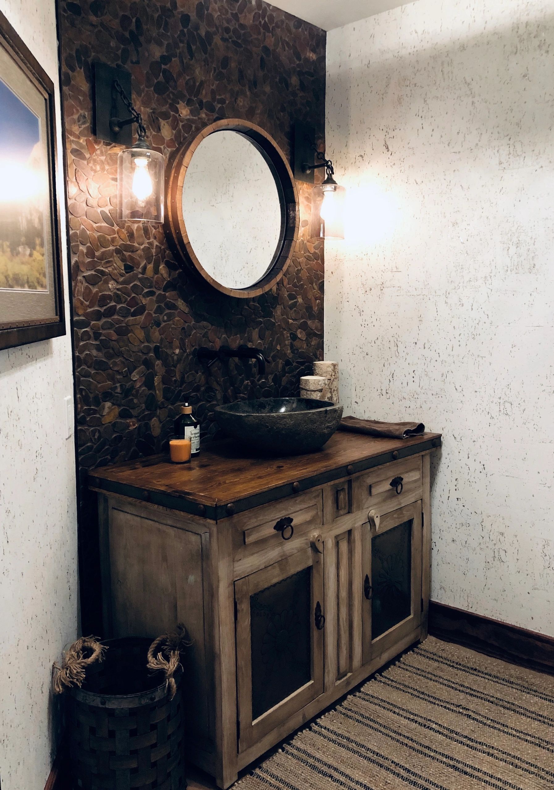 Rustic dark-stone bathroom vanity
